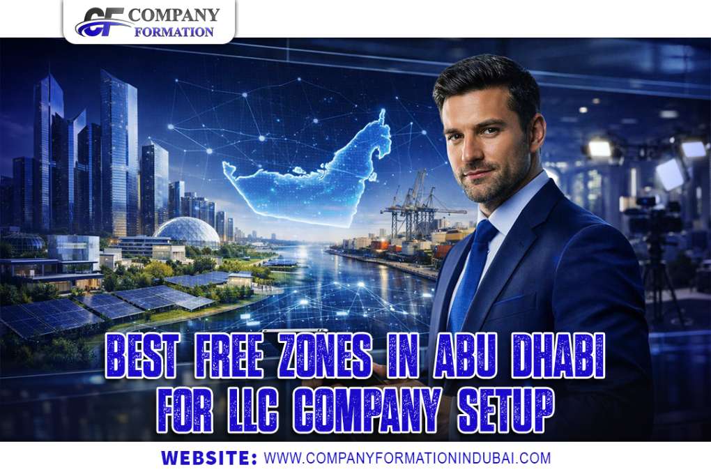 Banner showing a businessman in a blue suit with a futuristic Abu Dhabi skyline and network graphics; text reads 'Best Free Zones in Abu Dhabi for LLC Company Setup' (website: www.companyformationindubai.com).