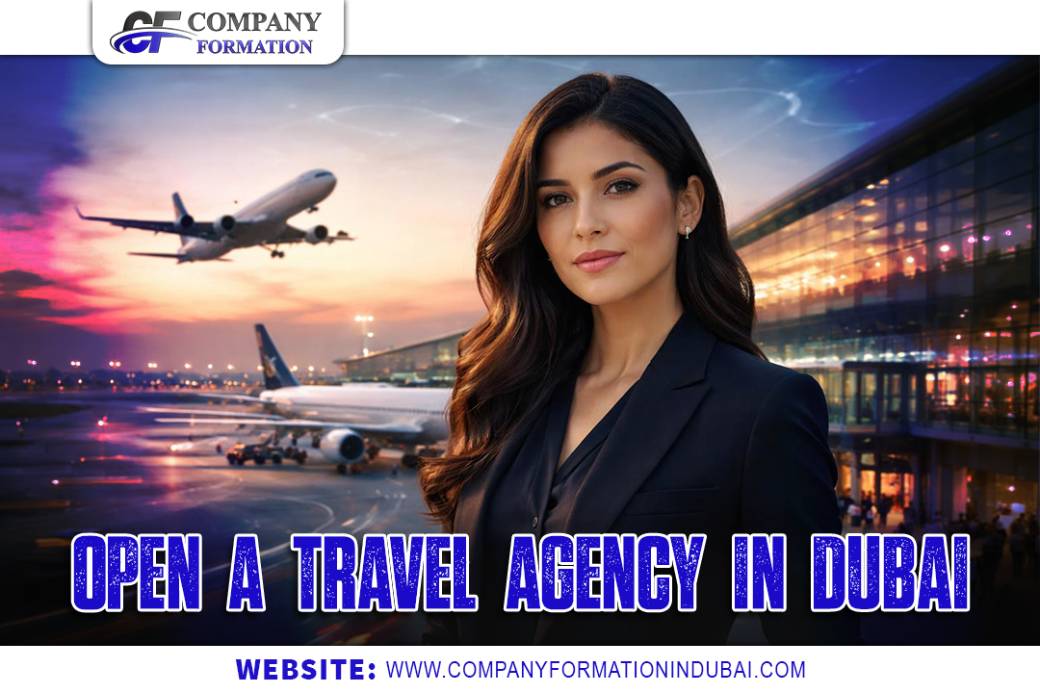 Professional woman in a blazer at an airport with planes in the background; ad promoting opening a travel agency in Dubai. Website: www.companyformationindubai.com