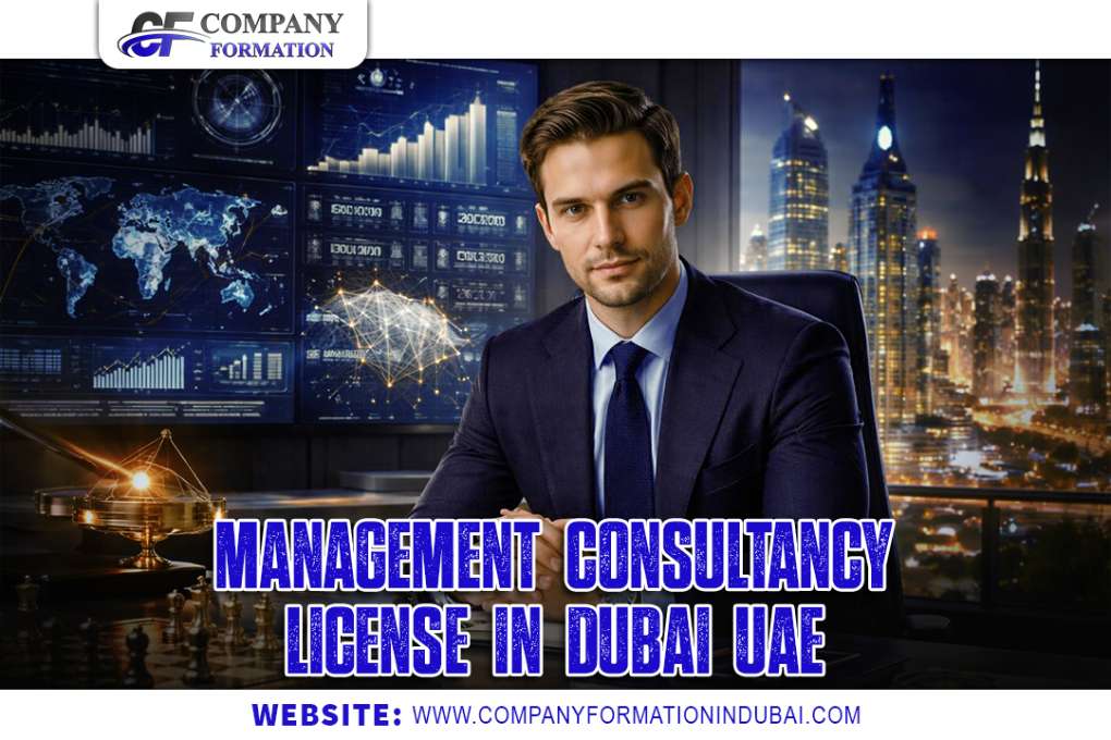 Professional man in a suit at a desk with digital dashboards and a Dubai skyline; overlay text reads 'Management Consultancy License in Dubai UAE'