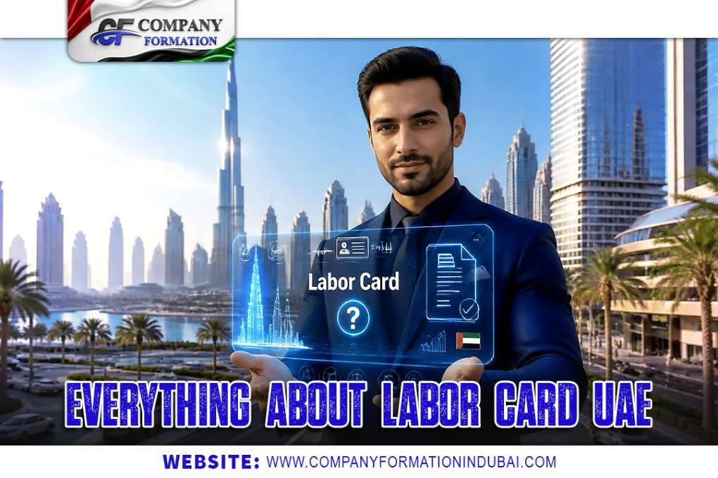 Businessman in a suit with Dubai skyline behind; holographic 'Labor Card' panel and 'Everything about Labor Card UAE' text overlay.