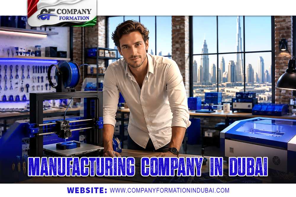 Man in a workshop leaning over a 3D printer with blue tools on the wall; bold banner reads 'MANUFACTURING COMPANY IN DUBAI' and shows a website URL.