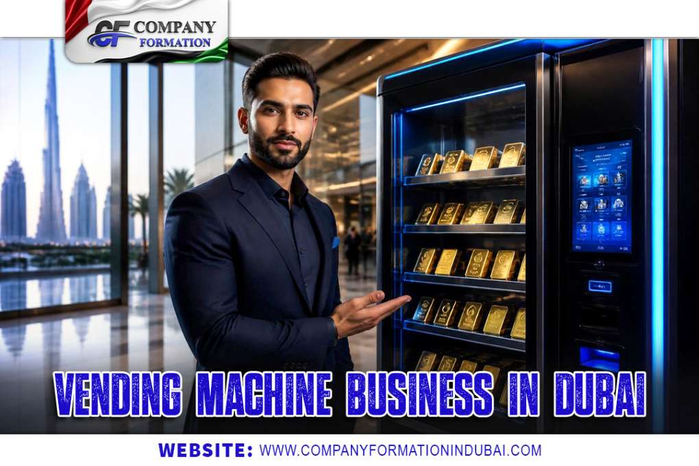 Businessman in a navy suit stands beside a gold-bar vending machine in a Dubai office setting; image includes bold text reading 'VENDING MACHINE BUSINESS IN DUBAI' and a website URL at the bottom.