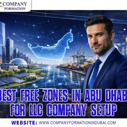 Banner showing a businessman in a blue suit with a futuristic Abu Dhabi skyline and network graphics; text reads 'Best Free Zones in Abu Dhabi for LLC Company Setup' (website: www.companyformationindubai.com).