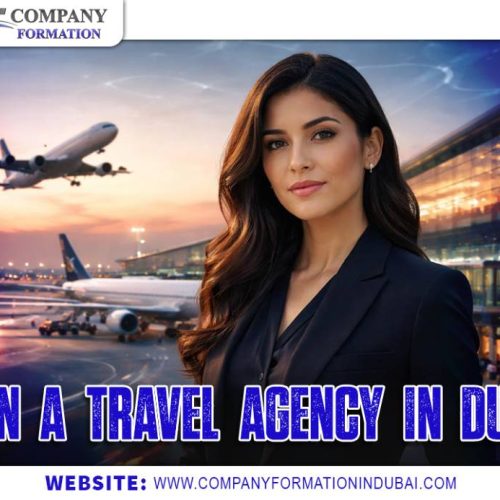 Professional woman in a blazer at an airport with planes in the background; ad promoting opening a travel agency in Dubai. Website: www.companyformationindubai.com